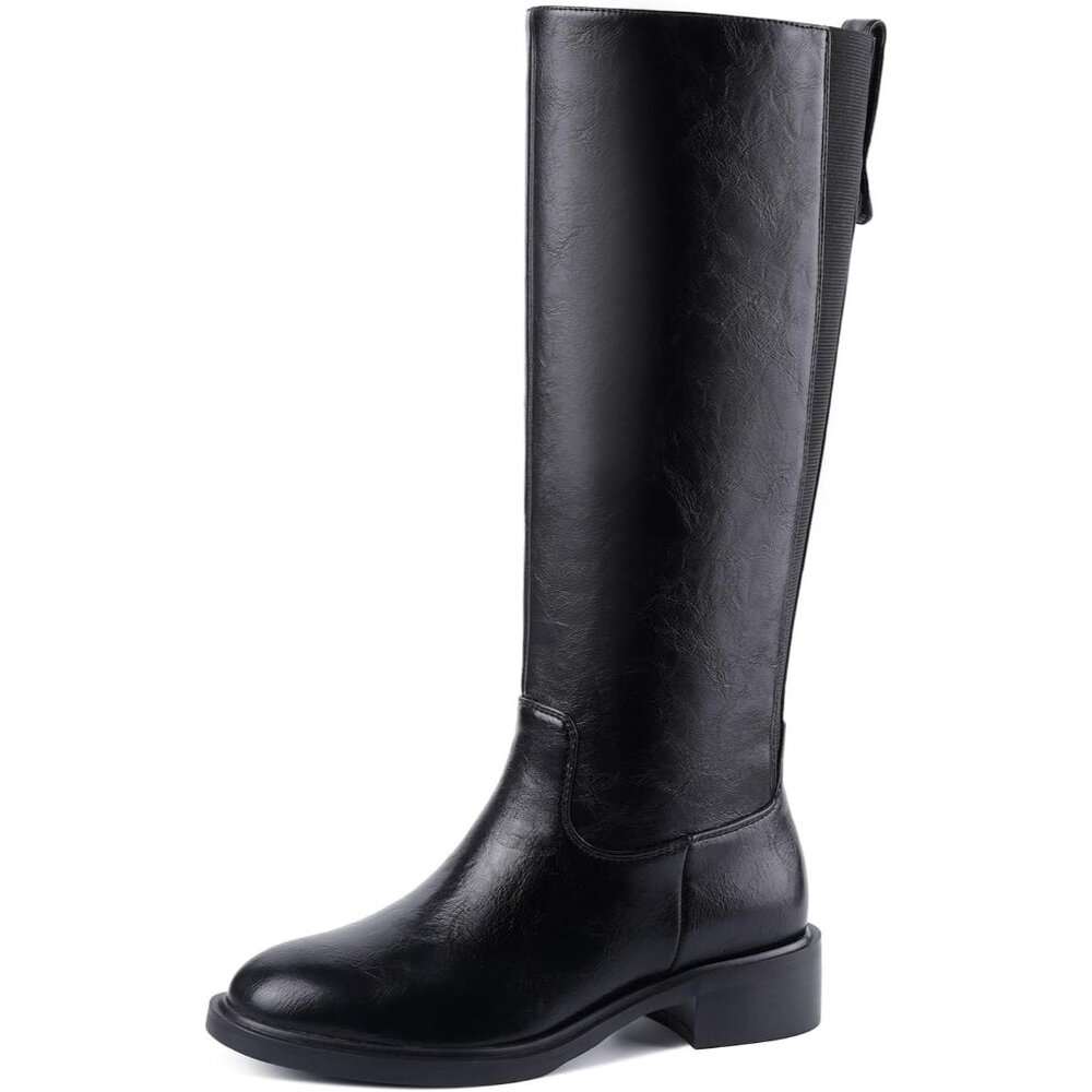 Women's A-Black Chunky Low Heel Pull On Riding Comfortable Knee High Boots